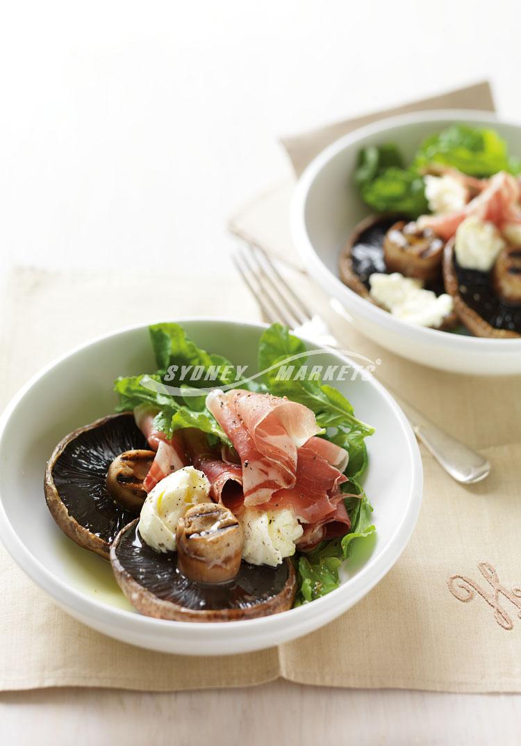 BBQ Portabella mushrooms with rocket, bocconcini & prosciutto