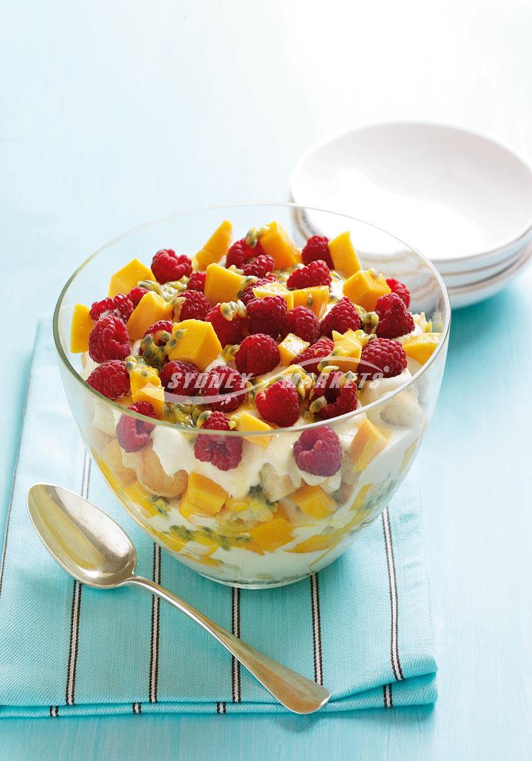 Mango, passionfruit & raspberry cream trifle