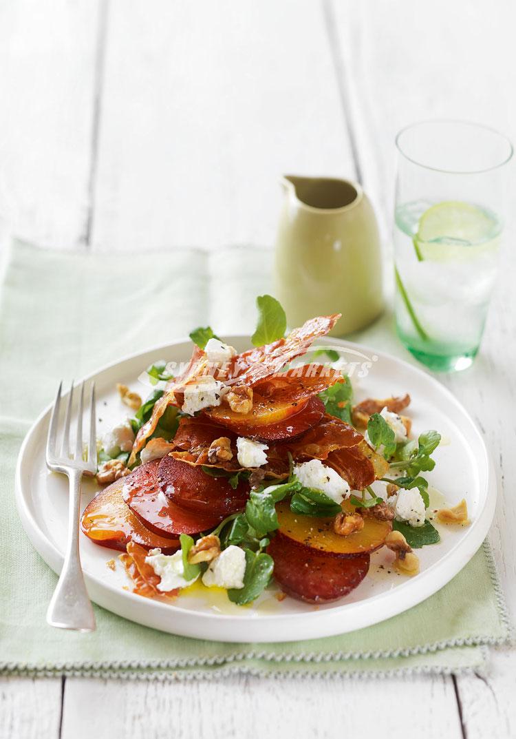 Plum, watercress, prosciutto & goat cheese salad