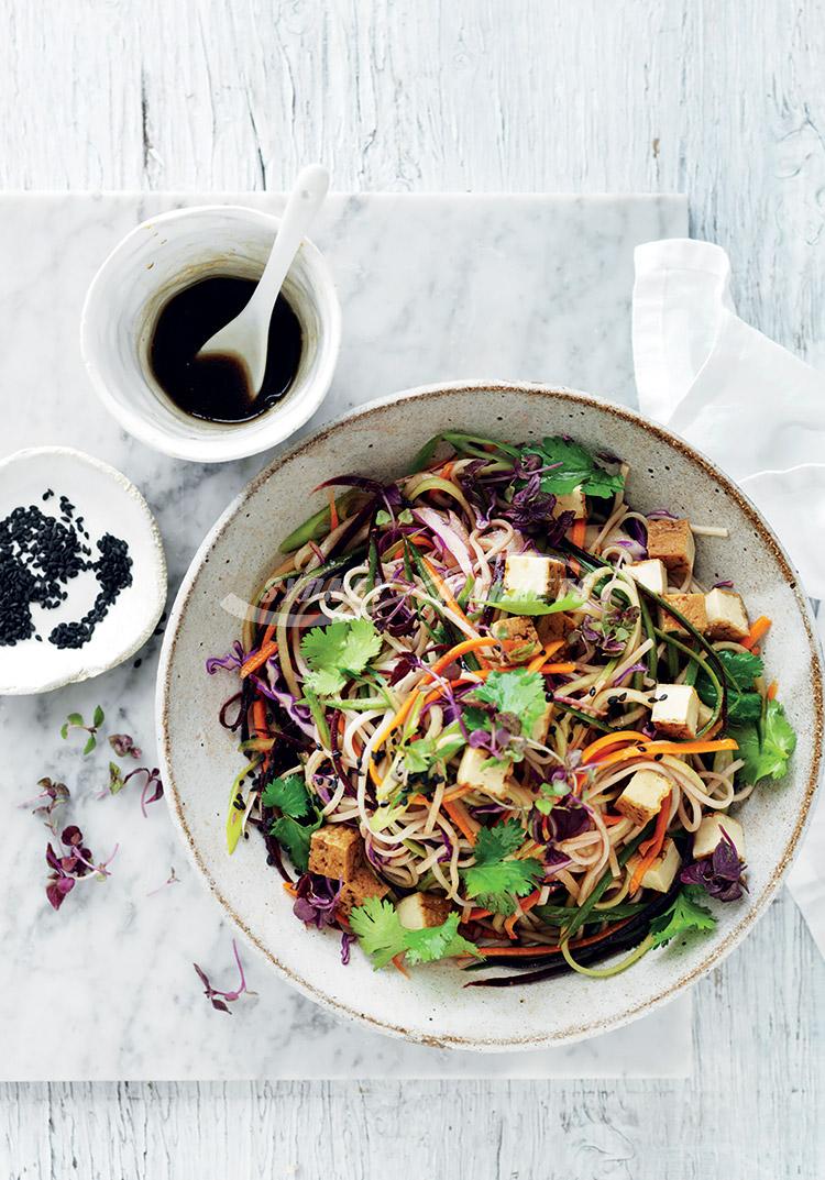 Raw veggie & tofu soba noodle salad