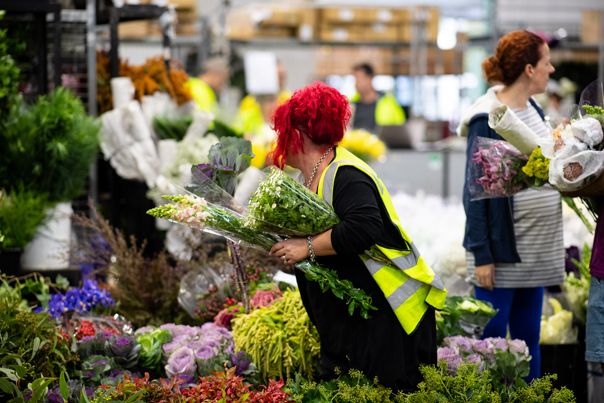 Flower trader working among fresh flowers at Sydney Flower Market
